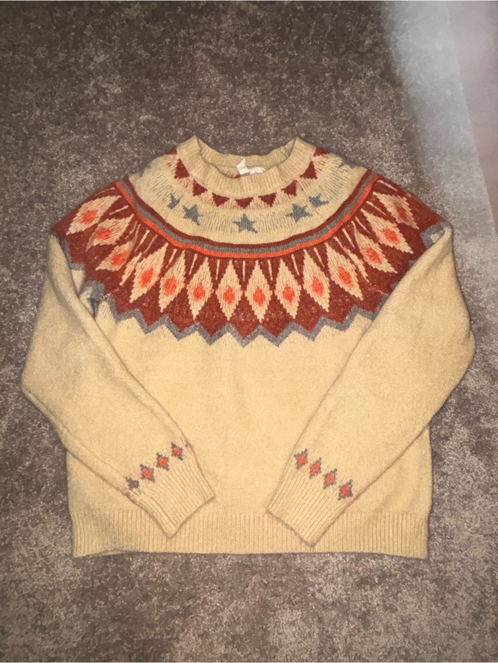 Sky and Sparrow Cream Crewneck Sweater with Rust and Orange Fair Isle
